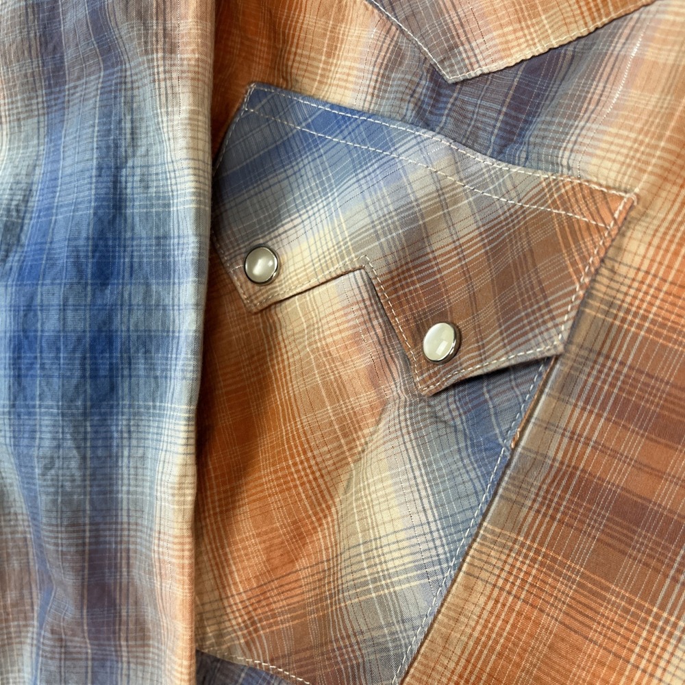 Wrangler Blue and Orange Plaid Western Pearl Snap Shirt - Picture 4 of 10